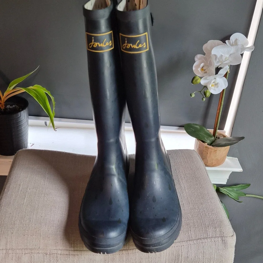 Joules Welly Print Rain Boots Navy Blue Raindrop Tall Waterproof Womens Size 7